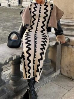 Women's Sweater Dress Winter Dress Jumper Dress Long Dress Maxi Dress Active Stripe Print Outdoor Street Daily Vacation Crew Neck Long Sleeve Print 2023 Slim Black Khaki S M L XL -Tesla Style ieeppr1695111718810