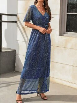 Women's Long Dress Maxi Dress Party Dress Formal Dress Summer Dress Pure Color Streetwear Modern Party Outdoor Holiday Lace Up Split Short Sleeve V Neck Dress Loose Fit Black Red Blue Summer Spring S -Tesla Style ieheip1678860563718