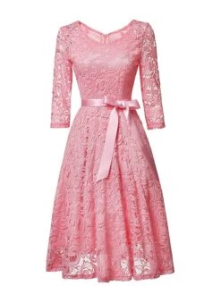 Women‘s Vintage Tea Dresses Party Dress Lace Dress Homecoming Dress Knee Length Dress Pink Wine Navy Blue 3/4 Length Sleeve Pure Color Lace Summer Spring Fall V Neck Classic Winter Dress