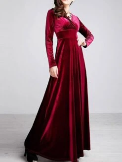 Women‘s Party Dress Wedding Guest Dress Velvet Dress Long Dress Maxi Dress Black Wine Royal Blue Long Sleeve Pure Color Ruched Fall Spring V Neck Fashion Party Winter Dress Evening Party 2023 S M L XL -Tesla Style iepcyi1664516296119