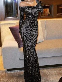Women‘s Prom Dress Party Dress Sequin Dress Long Dress Maxi Dress Black White Wine Long Sleeve Pure Color Sparkly Glitter Sequins Spring Fall Winter Off Shoulder Fashion Winter Dress Wedding -Tesla Style ifajmc1692872426322
