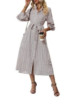 Women's Work Dress Casual Dress Swing Dress Fashion Office Daily Workfashion Midi Dress Lace Up Button Shirt Collar Long Sleeve Print Loose Fit Apricot Fall Winter S M L XL -Tesla Style ifmpln1695096214697