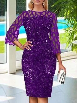 Women‘s Party Dress Sequin Dress Cocktail Dress Midi Dress Black Wine Dark Green 3/4 Length Sleeve Pure Color Sparkly Glitter Sequins Spring Fall Winter Crew Neck Fashion Wedding Guest Birthday -Tesla Style ifrnho1691659608462