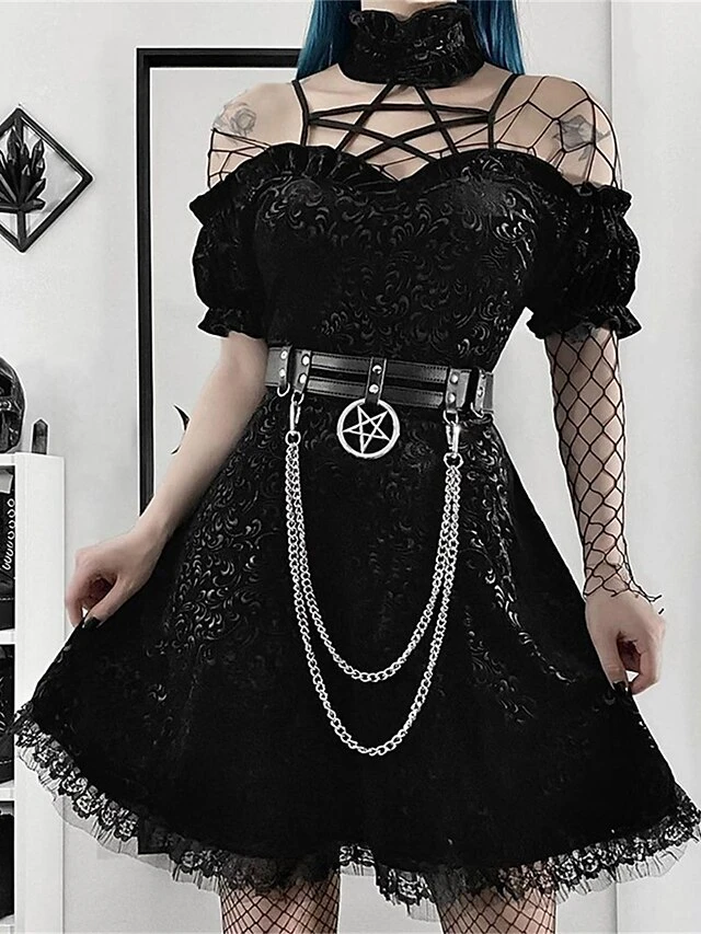 Women's Party Dress Velvet Dress Cocktail Dress Mini Dress Black Short Sleeve Pure Color Lace Spring Fall Winter Halter Neck Fashion Halloween Birthday Wedding Guest 2023 S M L 5 Women's Party Dress Velvet Dress Cocktail Dress Mini Dress Black Short Sleeve Pure Color Lace Spring Fall Winter Halter Neck Fashion Halloween Birthday Wedding Guest 2023 S M L - Image 3