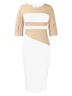 Women's Work Dress Sheath Dress Semi Formal Dress Fashion Midi Dress Patchwork Crew Neck Half Sleeve Color Block Regular Fit Black White Red Fall Winter S M L XL XXL -Tesla Style igpzsb1692948237480