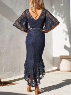 Women‘s Wedding Guest Dress Party Dress Bodycon Sheath Dress Midi Dress White Wine Navy Blue Half Sleeve Pure Color Lace Fall Spring Autumn Crew Neck Elegant Spring Dress Slim 2023 S M L XL -Tesla Style igwlwe1651566075210