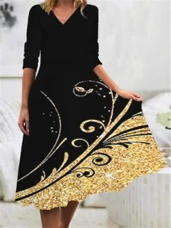 Women's Work Dress Casual Dress Swing Dress Fashion Winter Dress Daily Midi Dress Print V Neck Long Sleeve Floral Ombre Regular Fit Black Blue Gold Fall Winter S M L XL XXL -Tesla Style ihejlm1695715385045