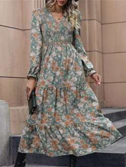 Women's Work Dress Casual Dress Swing Dress Fashion Winter Dress Daily Midi Dress Ruched Print V Neck Long Sleeve Floral Slim Green Fall Winter S M L XL -Tesla Style ihiwnu1695096212852