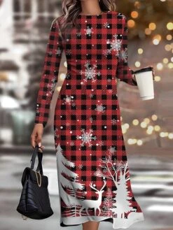 Women's Christmas Work Dress Casual Dress Semi Formal Dress Fashion Winter Dress Daily Midi Dress Print Crew Neck Long Sleeve Plaid Cat Slim Wine Red Navy Blue Fall Winter S M L XL XXL -Tesla Style ihldak1695363295981