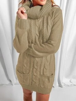 Women‘s Sweater Dress Winter Dress Jumper Dress Mini Dress Pocket Outdoor Street Daily Fashion Streetwear Turtleneck Long Sleeve 2023 Loose Fit Black Red Khaki Color S M L XL XXL Size -Tesla Style ihpkzs1694056902271