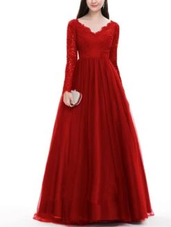 Women‘s Formal Party Dress Wedding Guest Dress Lace Dress Sheath Dress Long Dress Maxi Dress Red Long Sleeve Pure Color Lace Winter Fall Autumn V Neck Winter Dress Slim S M L XL -Tesla Style ihsyin1658901261424