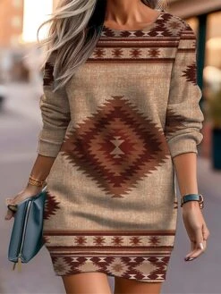 Women's Casual Dress Sweatshirt Dress Mini Dress Warm Fashion Outdoor Vacation Going Out Crew Neck Print Geometric Loose Fit Red Blue Brown S M L XL XXL -Tesla Style ihvmcy1694590962414