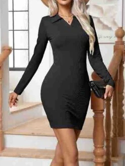 Women's Work Dress Casual Dress Sheath Dress Fashion Office Daily Workfashion Mini Dress Ruched Shirt Collar Long Sleeve Plain Regular Fit Black Khaki Army Green Fall Winter S M L XL XXL -Tesla Style ihxcei1695267940737