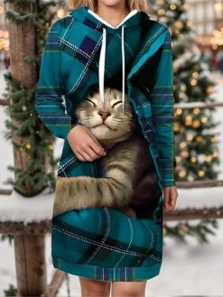 Women's Christmas Dress Hoodie Dress Mini Dress Warm Fashion Outdoor Christmas Holiday Hoodie Print Animal Geometric Loose Fit Wine Navy Blue Blue S M L XL XXL -Tesla Style ihxich1697542945885