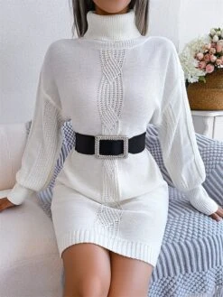 Women's Sweater Dress Winter Dress Jumper Dress Mini Dress Ruched Daily Date Going Out Active Fashion Turtleneck Long Sleeve 2023 Loose Fit White Khaki Army Green Color S M L Size -Tesla Style iibffu1692863445170