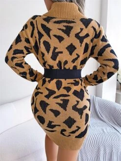 Women's Sweater Dress Jumper Dress Casual Dress Mini Dress Fashion Leopard Outdoor Daily Going Out Turtleneck Long Sleeve 2023 Loose Fit Black Wine Khaki S M L -Tesla Style iiessj1694756282256