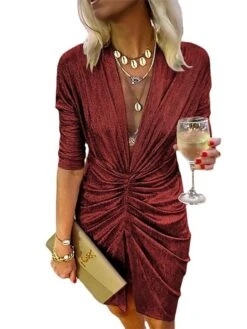 Women's Party Dress Sequin Dress Sheath Dress Mini Dress Wine Gold Long Sleeve Solid Color Ruched Fall Winter V Neck Fashion Party Vacation 2022 S M L XL -Tesla Style iifzze1636706640790