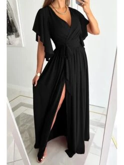 Women's Party Dress Long Dress Maxi Dress Black Blue Khaki Short Sleeve Pure Color Patchwork Fall Autumn V Neck 2023 S M L XL XXL -Tesla Style iigkrz1656039716364