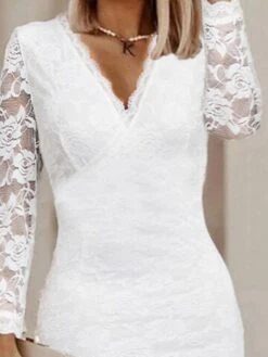 Women's Party Dress Lace Dress Homecoming Dress Mini Dress White Long Sleeve Pure Color Lace Fall Winter V Neck Stylish Winter Dress Fall Dress Loose Fit 2023 M L XL XXL 3XL -Tesla Style iihxli1661418068785
