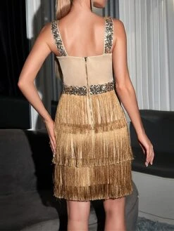 Women‘s Party Dress Fringe Dress Sequin Dress Homecoming Dress Mini Dress Gold Sleeveless Pure Color Sparkly Glitter Sequins Spring Fall Winter Square Neck Fashion Wedding Guest Birthday -Tesla Style iiqkbd1692683502454