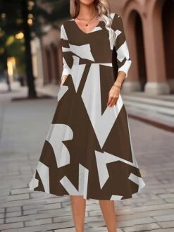 Women's Work Dress Swing Dress A Line Dress Fashion Midi Dress Pocket Print V Neck 3/4 Length Sleeve Geometric Color Block Regular Fit Navy Blue Blue Brown Fall Winter S M L XL XXL