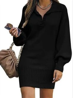 Women's Sweater Dress Jumper Dress Casual Dress Mini Dress Warm Pure Color Outdoor Casual Daily Going Out V Neck Long Sleeve 2023 Loose Fit Black Yellow Wine S M L XL XXL 3XL -Tesla Style iiudlj1692340285630
