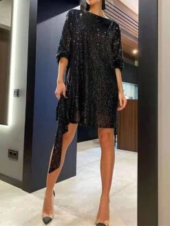 Women's Party Dress Sequin Dress Black Dress Homecoming Cocktail Dress Mini Dress Silver White Long Sleeve Pure Color Sparkly Glitter Lace Up Winter Dress -Tesla Style iivpyl1694504475431