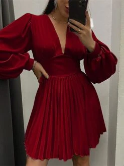 Women's Party Dress Satin Dress Swing Dress Mini Dress Claret Black Blue Long Sleeve Pure Color Pleated Fall Winter Autumn V Neck Stylish Party Winter Dress Birthday 2023 S M L XL 2XL -Tesla Style iiynvi1666175473296