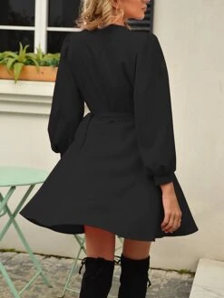 Women's Work Dress Sheath Dress Black Dress Fashion Mini Dress Lace Up V Neck Long Sleeve Plain Regular Fit Black Pink Rose Red Fall S M L XL XXL -Tesla Style ijtrqk1693300577071