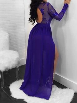 Women's Prom Dress Party Dress Sequin Dress Long Dress Maxi Dress Red Blue Long Sleeve Pure Color Sequins Spring Fall Winter Crew Neck Fashion Party Winter Dress Wedding Guest 2023 S M L XL -Tesla Style ijzzja1652871042051