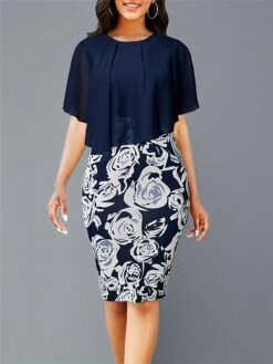 Women's Work Dress Sheath Dress Semi Formal Dress Fashion Midi Dress Print Crew Neck Half Sleeve Floral Slim Pink Navy Blue Fall S M L XL XXL