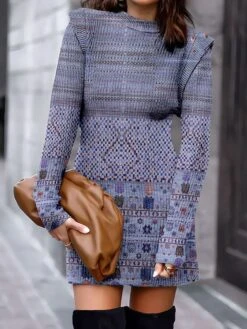 Women's Sweater Dress Jumper Dress Casual Dress Mini Dress Warm Geometric Tribal Outdoor Daily Vacation Going Out Crew Neck Long Sleeve 2023 Regular Fit Light Green Blue Purple S M L XL XXL 3XL -Tesla Style iklpng1693978827459