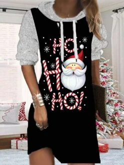 Women's Christmas Hoodie Dress Shift Dress Mini Dress Black Gold Wine Long Sleeve Plaid Print Fall Spring Hooded Fashion Christmas Daily Loose Fit 2022 S M L XL XXL 3XL -Tesla Style ikokiz1667562070524