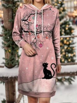 Women's Christmas Dress Hoodie Dress Mini Dress Warm Fashion Outdoor Christmas Holiday Hoodie Print Cat Loose Fit Pink Purple Khaki S M L XL XXL -Tesla Style ikqclb1697633936027