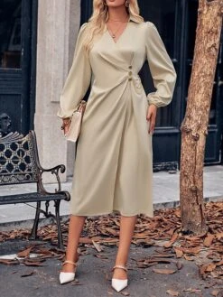 Women's Party Dress Cocktail Dress Satin Dress Midi Dress Champagne Brown Green Long Sleeve Pure Color Ruched Fall Winter Autumn Shirt Collar Fashion Wedding Guest Birthday Vacation 2023 S M L XL -Tesla Style ikrulj1696077350735