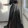 Women‘s Formal Party Dress Swing Dress A Line Dress Long Dress Maxi Dress Black Green Long Sleeve Pure Color Patchwork Winter Fall Spring V Neck Fashion Winter Dress Evening Party 2023 S M L XL 2XL -Tesla Style iktjwi1664354019547