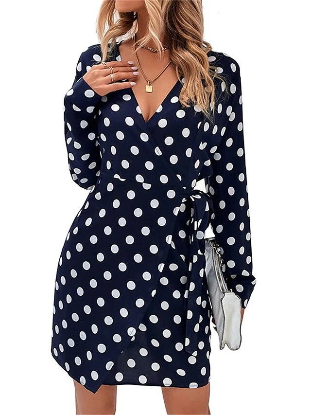 Women's Party Dress Cocktail Dress Wedding Guest Dress Mini Dress Dark Blue Long Sleeve Polka Dot Lace Up Fall Autumn V Neck Fashion Wedding Guest Vacation Fall Dress 2023 S M L XL 5 Women's Party Dress Cocktail Dress Wedding Guest Dress Mini Dress Dark Blue Long Sleeve Polka Dot Lace Up Fall Autumn V Neck Fashion Wedding Guest Vacation Fall Dress 2023 S M L XL - Image 3