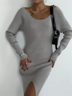 Women's Sweater Dress Winter Dress Jumper Dress Midi Dress Split Outdoor Daily Vacation Fashion Streetwear V Neck Long Sleeve 2023 Regular Fit Black White Green Color S M L Size -Tesla Style ilgkio1692614182678