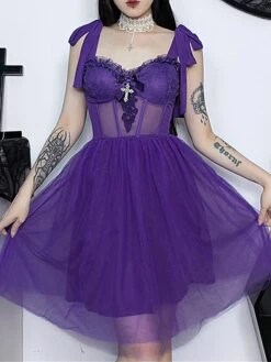 Women‘s Halloween Dress Party Dress Cocktail Dress Wedding Guest Dress Mini Dress Black Purple Sleeveless Pure Color Lace Spring Fall Winter Spaghetti Strap Fashion Birthday Wedding Guest 2023 S M L -Tesla Style iltkfc1693808836990