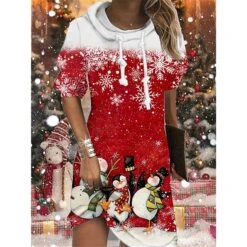 Women's Christmas Hoodie Dress Shift Dress Mini Dress Black And White Green Black Blue Pink Wine Red Gray White Long Sleeve Snowman Snowflake Print Winter Fall Hooded Vacation Casual 2022 S M L XL -Tesla Style ilvfqb1667282199713