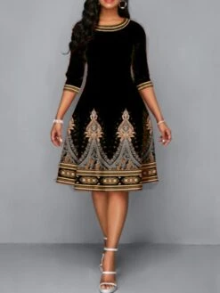 Women's Work Dress A Line Dress Fashion Office Daily Midi Dress Print Crew Neck Half Sleeve Print Regular Fit Black Yellow Red Fall Winter S M L XL XXL -Tesla Style ilyqis1697098982277