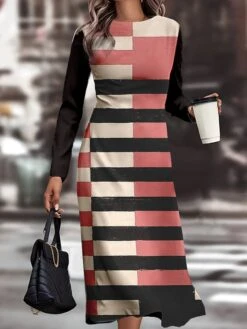 Women's Work Dress Casual Dress Semi Formal Dress Fashion Winter Dress Daily Midi Dress Print Crew Neck Long Sleeve Geometric Plaid Slim Black Pink Red Fall Winter S M L XL XXL