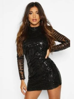 Women's Party Dress Sequin Dress Homecoming Dress Mini Dress Black Gold Flakes Black Long Sleeve Geometric Sequins Spring Fall Winter High Neck Party Party Winter Dress Birthday 2022 S M L XL -Tesla Style imjfsc1632725752483