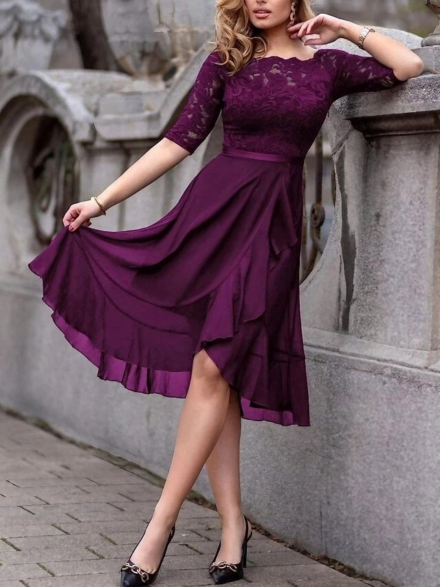 Women's Party Dress Lace Dress Wedding Guest Dress Midi Dress Pink Blue Fuchsia 3/4 Length Sleeve Pure Color Lace Summer Spring Fall Off Shoulder Fashion Birthday Wedding Guest Vacation 2023 S M L XL 3 Women's Party Dress Lace Dress Wedding Guest Dress Midi Dress Pink Blue Fuchsia 3/4 Length Sleeve Pure Color Lace Summer Spring Fall Off Shoulder Fashion Birthday Wedding Guest Vacation 2023 S M L XL