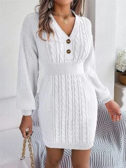 Women's Sweater Dress Winter Dress Jumper Dress Mini Dress Active Pure Color Outdoor Casual Holiday Vacation V Neck Long Sleeve Button 2023 Regular Fit White Pink Green S M L -Tesla Style impccm1696926549016