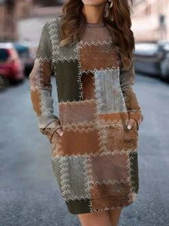 Women's Casual Dress Sweatshirt Dress Mini Dress Warm Fashion Outdoor Vacation Going Out Crew Neck Pocket Print Geometric Loose Fit Yellow Blue Orange S M L XL XXL -Tesla Style infdef1694590957575