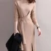 Women‘s Sweater Dress Winter Dress Midi Dress Green Camel Red Long Sleeve Pure Color Lace Up Split Winter Fall Turtleneck Casual One-Size