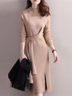 Women‘s Sweater Dress Winter Dress Midi Dress Green Camel Red Long Sleeve Pure Color Lace Up Split Winter Fall Turtleneck Casual One-Size