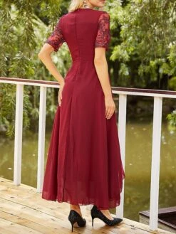 Women‘s Christmas Prom Dress Party Dress Sequin Dress Long Dress Maxi Dress Wine Half Sleeve Pure Color Sparkly Glitter Sequins Fall Winter Autumn Crew Neck Fashion Wedding Guest Evening Party -Tesla Style injguj1692946821549