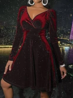Women's Wedding Guest Dress Velvet Dress Red Holiday Dress Claret Royal Blue Brown Black Long Sleeve Pure Color Patchwork Winter Fall V Neck Party Sexy Party Fall Dress 2023 S M L XL Winter Dress -Tesla Style iockur1665658911252